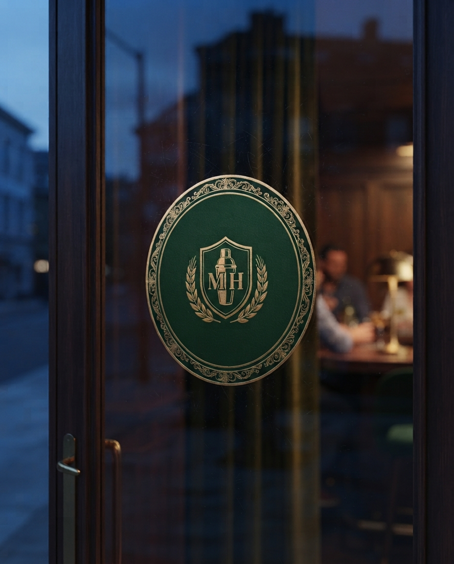 Official Merry Hour badge mounted beside a holiday-decorated restaurant door