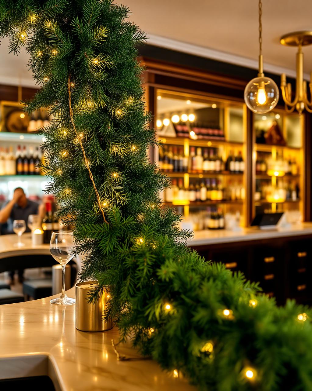 Cedar garland with warm string lights running along a brass back bar