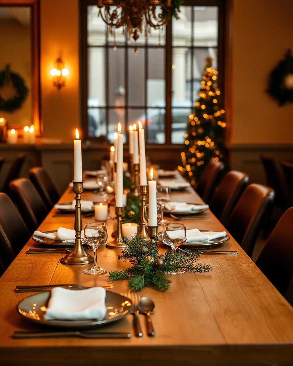Restaurant table styled for the holidays with brass candlesticks and cedar sprigs