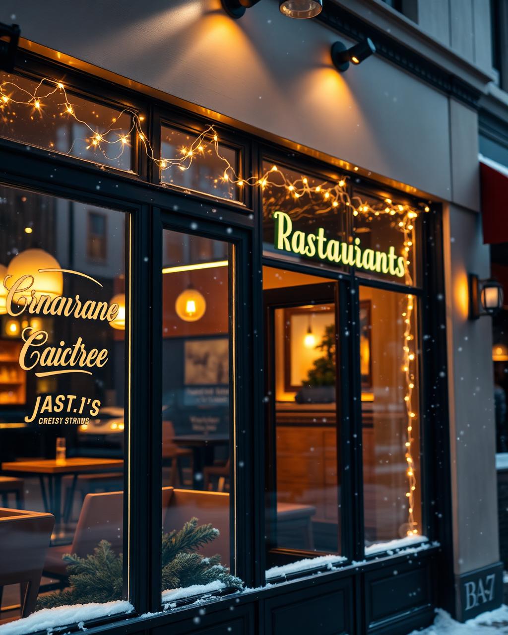 Restaurant storefront window at dusk with warm string lighting and winter greenery