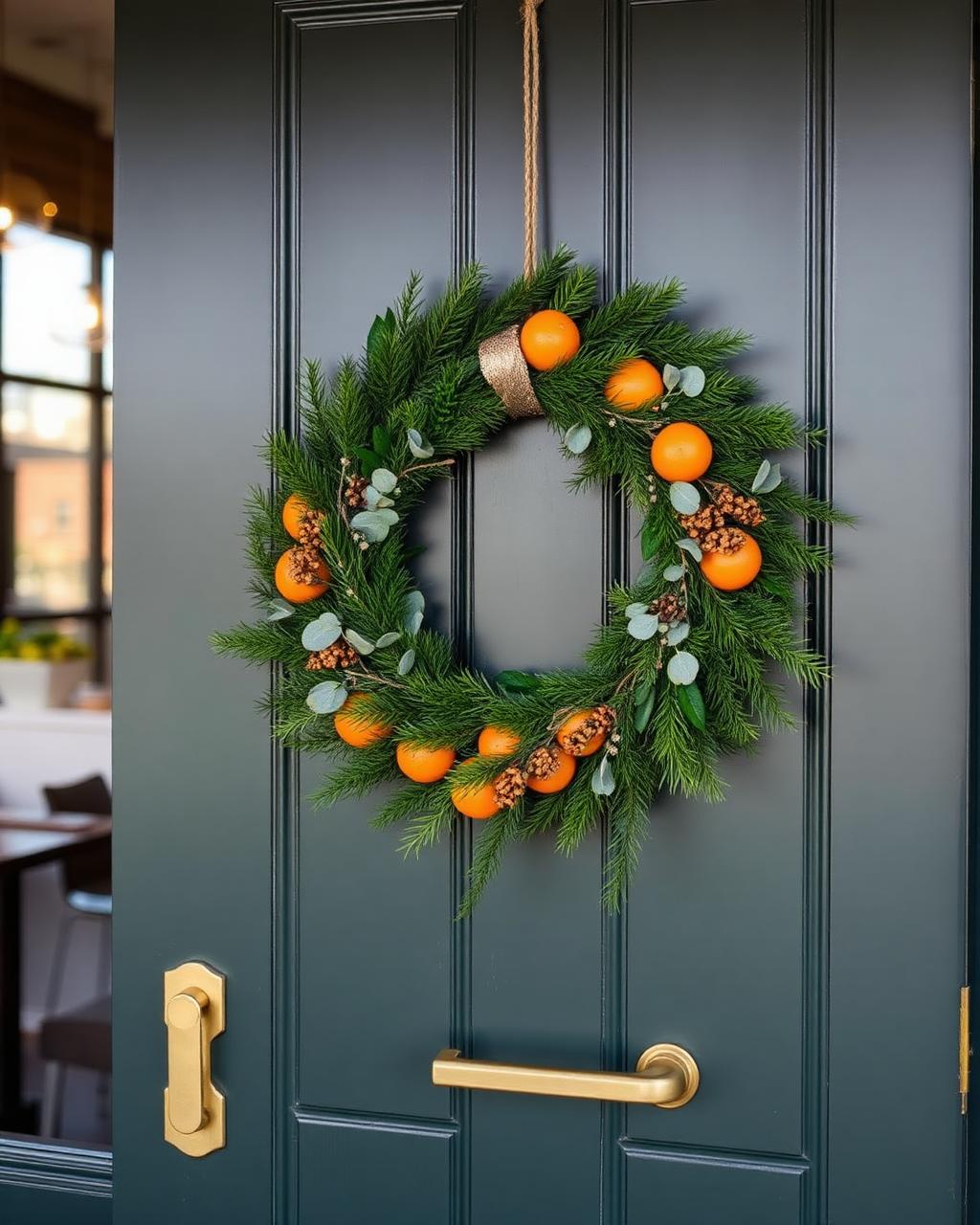 Evergreen wreath with dried oranges on a dark green restaurant door