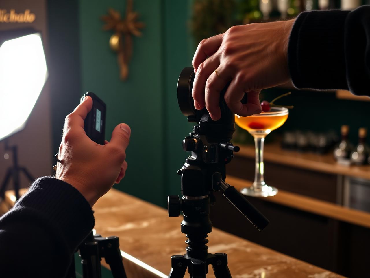 Photographer adjusting a camera on a tripod aimed at a styled holiday cocktail on a bar
