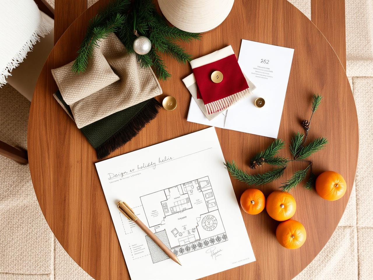 Holiday design moodboard on a walnut table with evergreen and cranberry fabric swatches, brass hardware and a sketched floor plan
