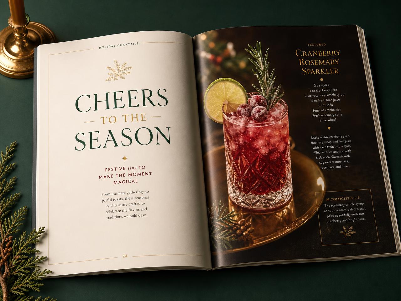 Sample Merry Hour magazine spread mockup: cream pages with gold foil rules, a serif feature headline and a full-page holiday cocktail photograph