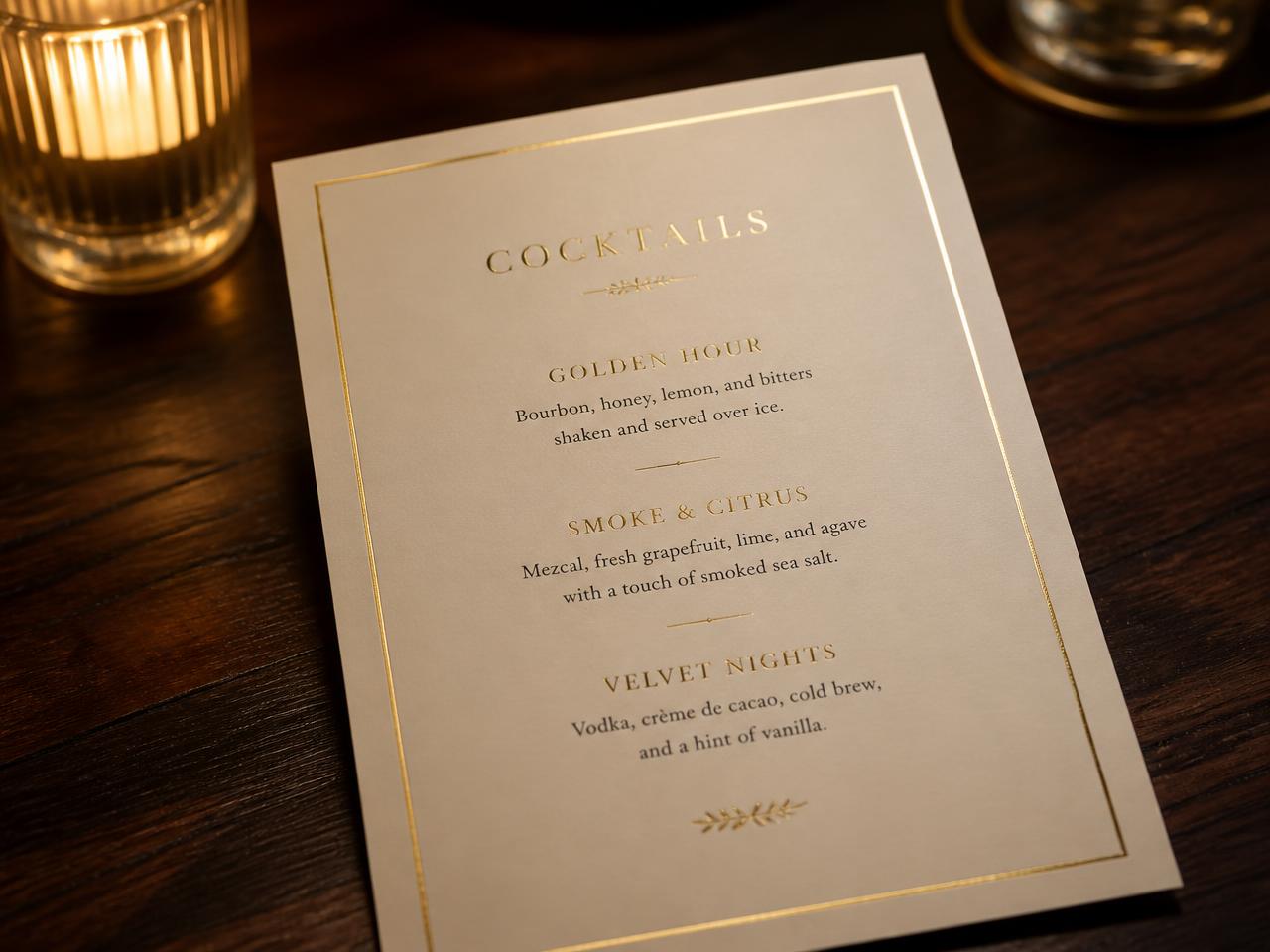 Cream card-stock cocktail menu card with a gold foil border on a dark walnut bar top, listing three drinks