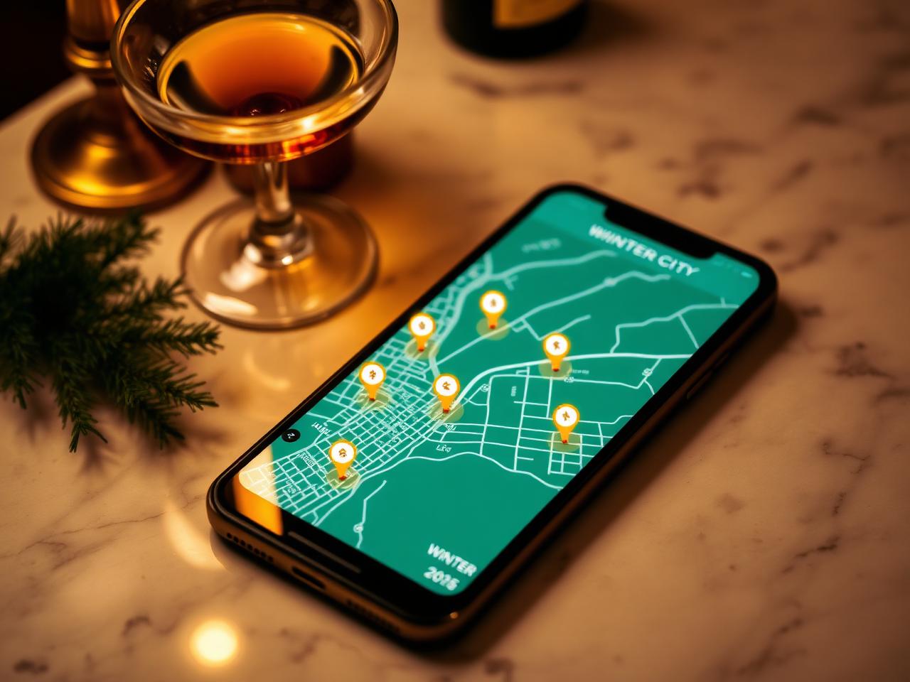 Phone on a cream marble bar top showing a winter city map with glowing gold location pins beside a cocktail