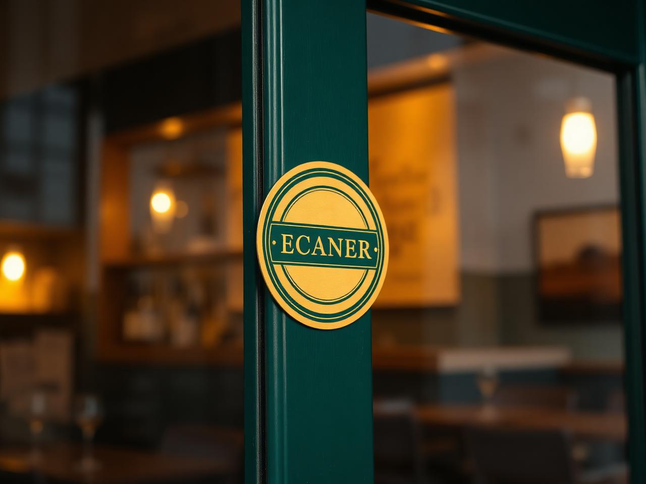 Round gold and deep green Merry Hour badge decal on the glass door of a bar at dusk with warm light inside