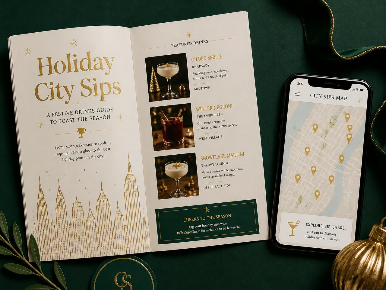 Printed city holiday drinks guide beside a phone showing a map with gold location pins