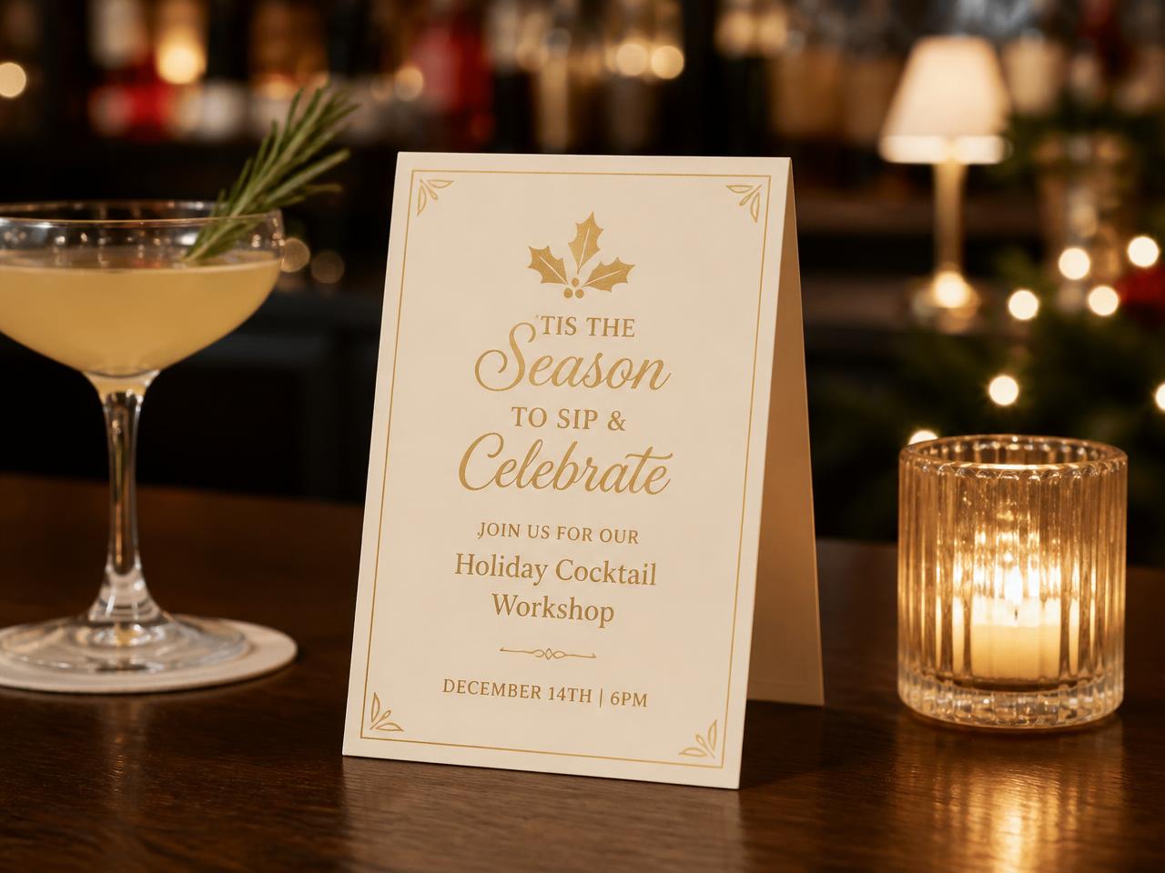 Folded cream and gold table tent standing on a restaurant table beside a cocktail and a candle