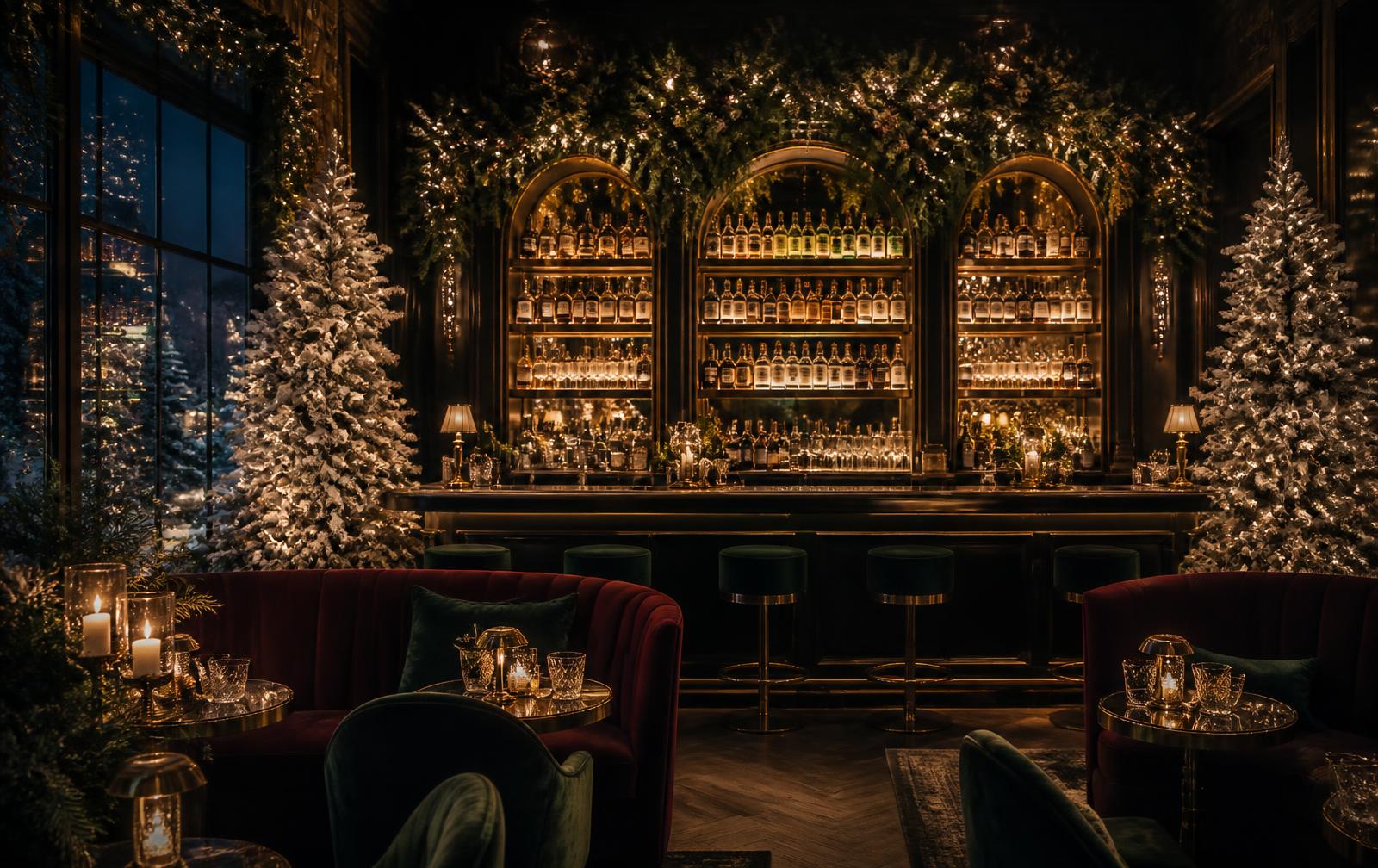 Concept rendering of an upscale bar styled for the holidays with cedar garlands, warm string lights, flocked trees and candlelit velvet banquettes
