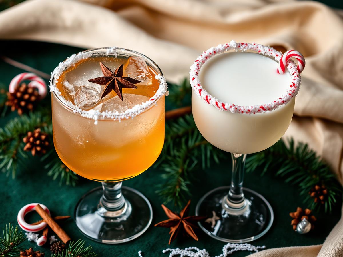 The Nutcracker's Return spiced rum cocktail with a flat star anise and orange ornament ice cube and oversized cinnamon stick