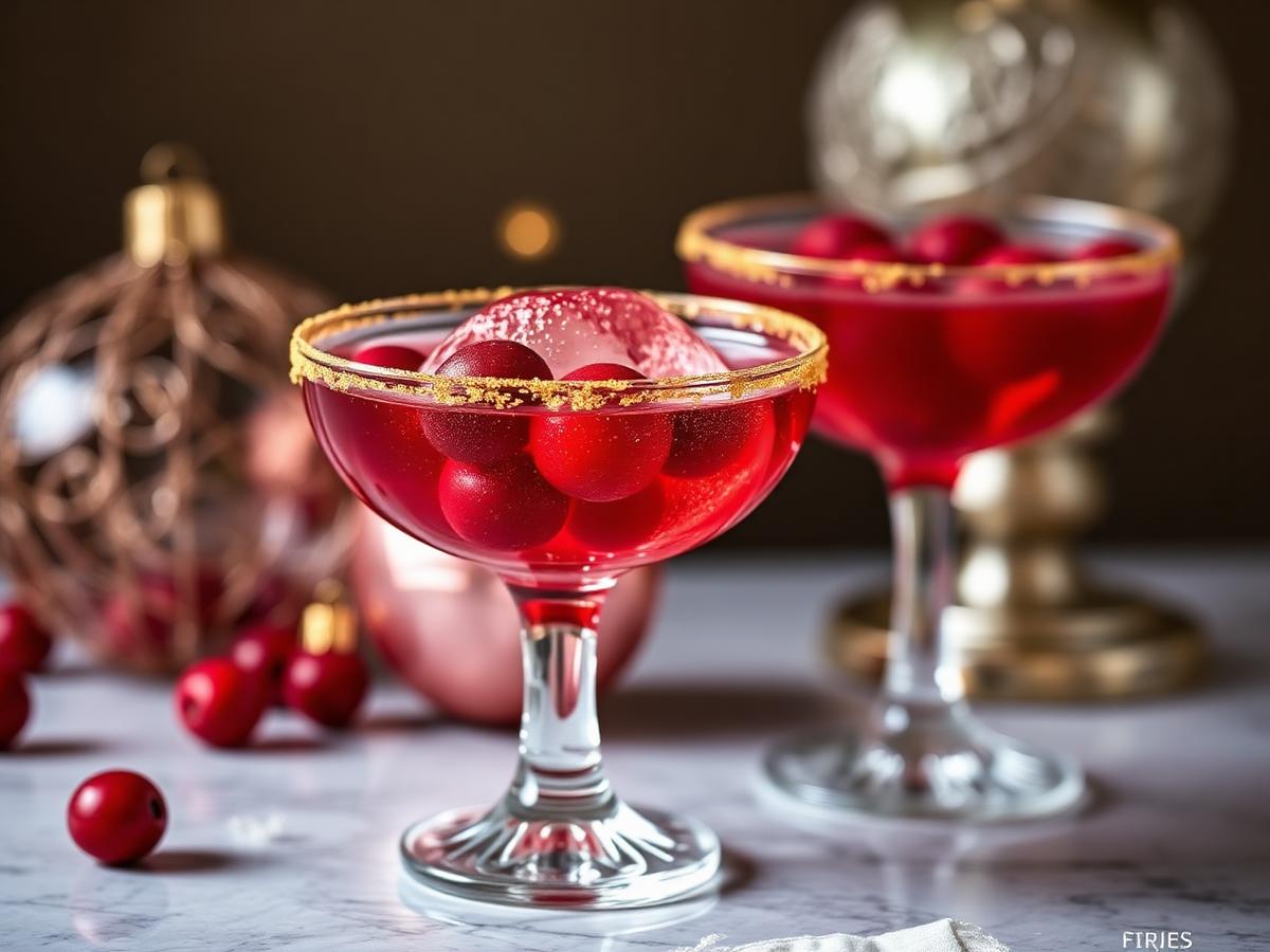 The Ornament cranberry vodka cocktail with a round ice cube containing whole frozen cranberries and a gold-dusted rim