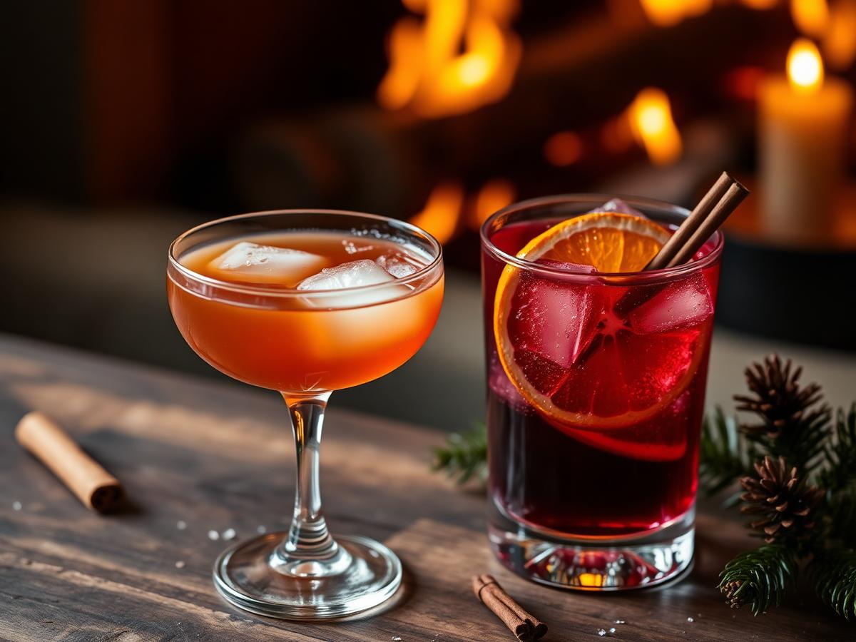 Fireside spiced rum and apple cocktail with a frozen apple-cinnamon ice sphere, cinnamon stick and star anise