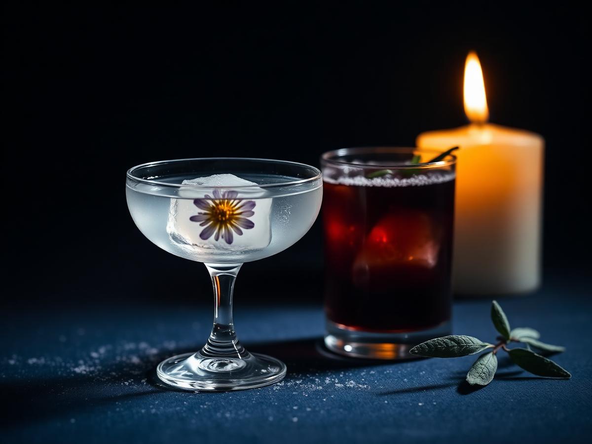 Silent Night cognac and chamomile cocktail with a single edible flower frozen inside a clear ice cube