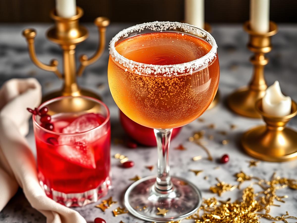 The Grand Toast sparkling wine cocktail with edible gold flake floating on top and a sugared rim